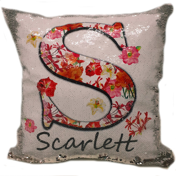 FLORAL PERSONALISED INITIAL SEQUIN CUSHION  (40cm x 40cm)