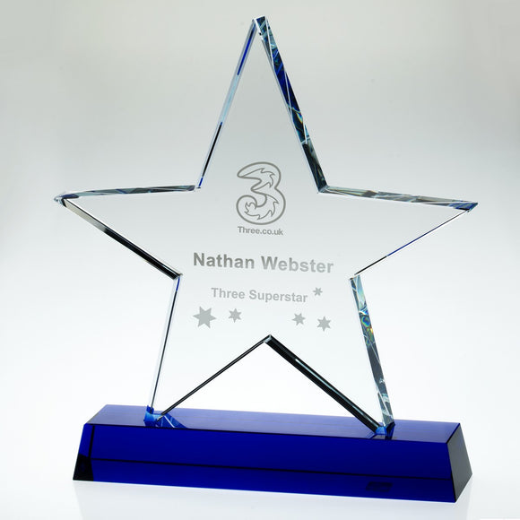 CLEAR GLASS STAR PLAQUE ON BLUE BASE (19MM THICK)