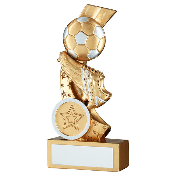 GOLD/SILVER FOOTBALL AND BOOT ON MULTI STAR CURVE WITH PLATE (1in CENTRE)