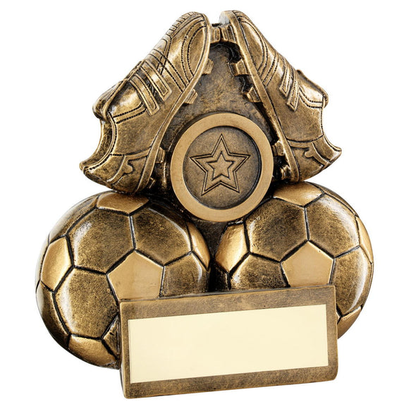 BRZ/GOLD TWO FOOTBALLS AND BOOTS FLATBACK TROPHY (1in CENTRE)