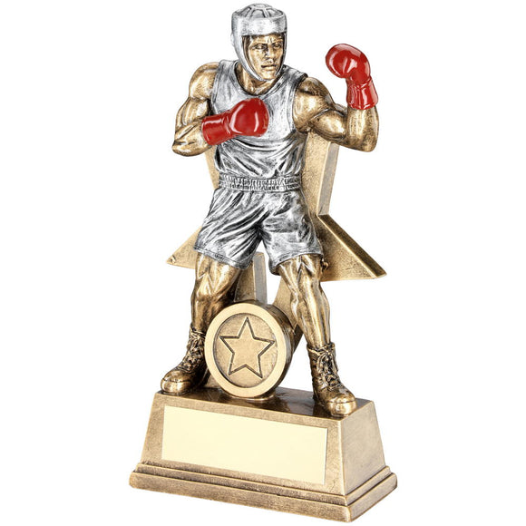 BRZ/PEW/RED MALE BOXING FIGURE WITH STAR BACKING TROPHY (1in CENTRE)