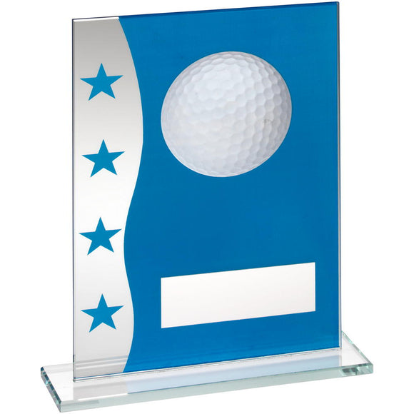 BLUE/SILVER PRINTED GLASS PLAQUE WITH GOLF BALL IMAGE TROPHY