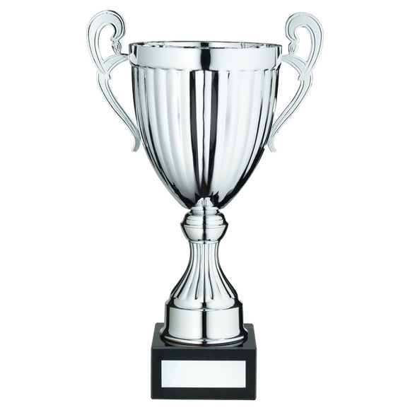 SILVER CONICAL TROPHY CUP WITH HANDLES AND PLATE