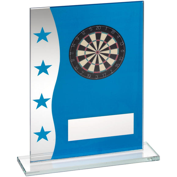 BLUE/SILVER PRINTED GLASS PLAQUE WITH DARTBOARD IMAGE TROPHY
