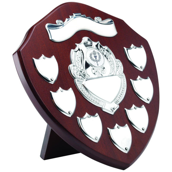 MAHOGANY SHIELD WITH CHROME FRONT AND 7 RECORD SHIELDS (1in SHIELD)