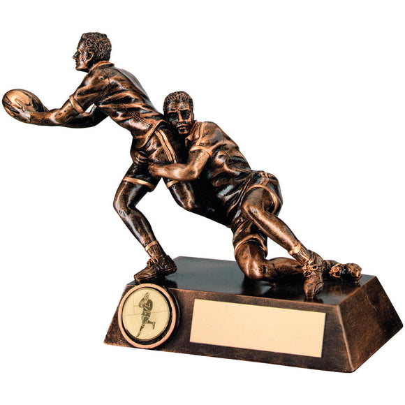 BRZ/GOLD DOUBLE RUGBY 'TACKLE' FIGURE TROPHY