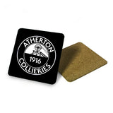 ATHERTON COLLIERIES SQUARE COASTER (2 DESIGNS AVAILABLE) - ALUMINIUM SQUARE - 9.5cm - CORK BASE