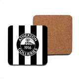 ATHERTON COLLIERIES SQUARE COASTER (2 DESIGNS AVAILABLE) - ALUMINIUM SQUARE - 9.5cm - CORK BASE