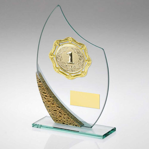 JADE/SILV/GOLD GLASS PLAQUE WITH GOLD TRIM TROPHY