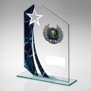 JADE/BLUE/SILV GLASS PLAQUE WITH SILV/BLK TRIM TROPHY (1in CENTRE)