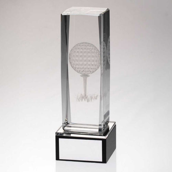 CLEAR GLASS LASERED GOLF COLUMN ON BLACK BASE WITH PLATE