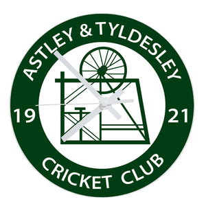 ASTLEY & TYLDESLEY C.C. GLASS CLOCK (20cm diameter, 3mm thick)