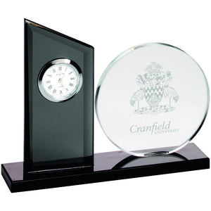 CLEAR/BLACK GLASS CLOCK AND ROUND PLAQUE