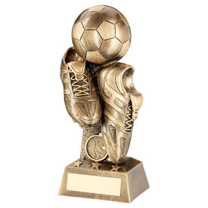 BRZ/GOLD FOOTBALL AND BOOTS ON COLUMN RISER TROPHY (1in CENTRE)