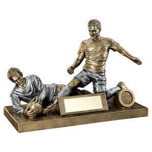 BRZ/PEW MALE FOOTBALL FIGURE AND GOALKEEPER TROPHY (1in CENTRE)