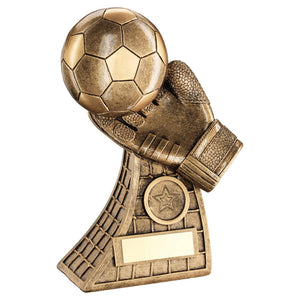 BRZ/GOLD FOOTBALL AND GOALKEEPER GLOVE ON NET BASE TROPHY (1in CENTRE)