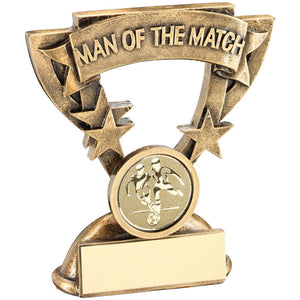BRZ/GOLD MAN OF THE MATCH MINI CUP WITH FOOTBALL INSERT TROPHY
