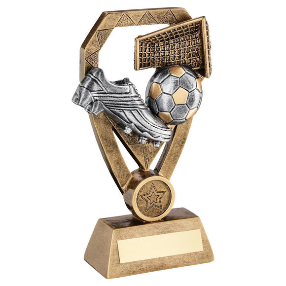 BRZ/PEW/GOLD FOOTBALL WITH BOOT AND NET ON DIAMOND TROPHY (1in CENTRE)