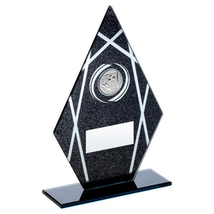 BLACK/SILVER PRINTED GLASS DIAMOND WITH FOOTBALL INSERT TROPHY