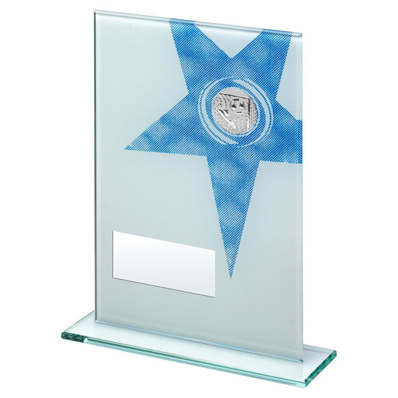 WHITE/BLUE PRINTED GLASS RECTANGLE WITH FOOTBALL INSERT TROPHY
