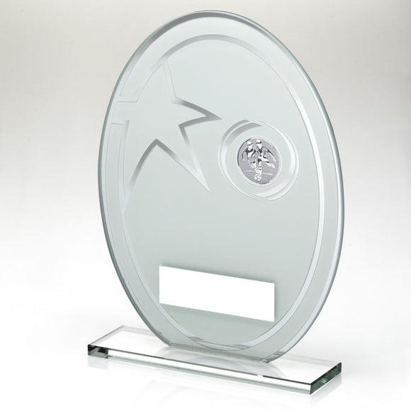 WHITE/SILVER PRINTED GLASS OVAL WITH FOOTBALL INSERT AND PLATE