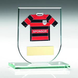 JADE GLASS PLAQUE WITH FOOTBALL SHIRT TROPHY