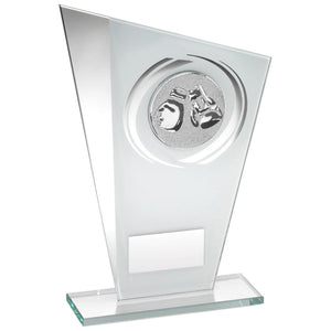 WHITE/SILVER PRINTED GLASS PLAQUE WITH BOXING INSERT TROPHY