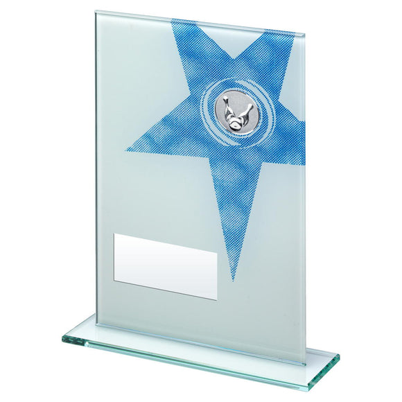 WHITE/BLUE PRINTED GLASS RECTANGLE WITH TEN PIN INSERT TROPHY