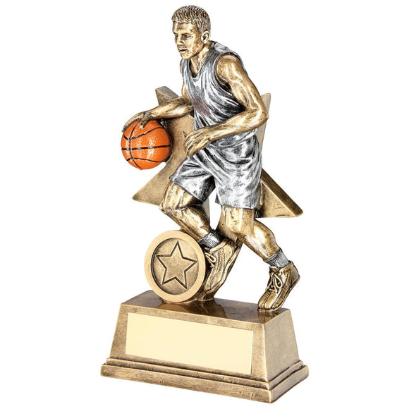 BRZ/PEW/ORANGE MALE BASKETBALL FIGURE WITH STAR BACKING TROPHY (1in CEN)