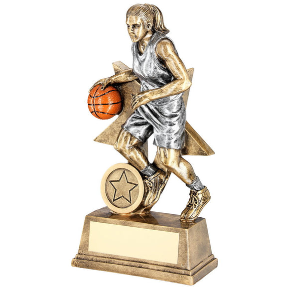 BRZ/PEW/ORANGE FEMALE BASKETBALL FIGURE WITH STAR BACKING TROPHY (1in CEN)