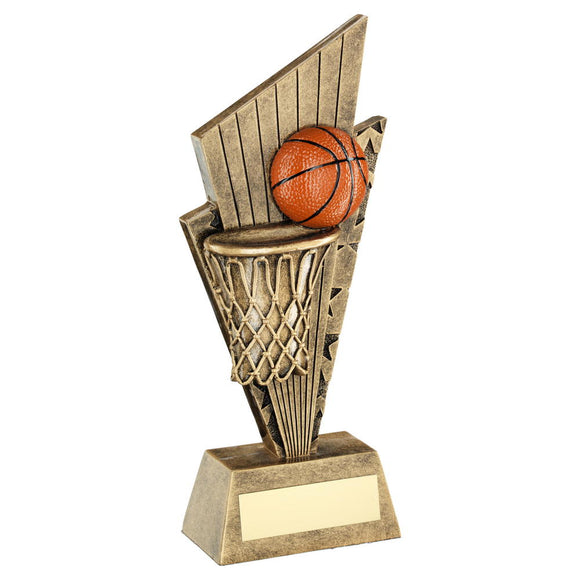 BRZ/GOLD/ORANGE BASKETBALL AND NET ON POINTED BACKDROP TROPHY