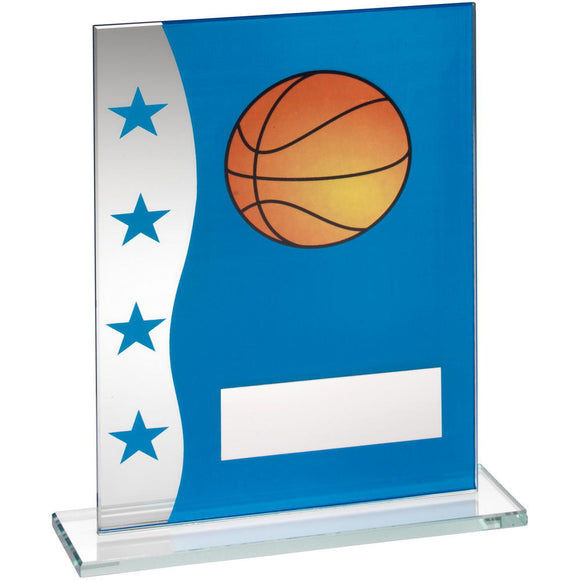 BLUE/SILVER PRINTED GLASS PLAQUE WITH BASKETBALL IMAGE TROPHY