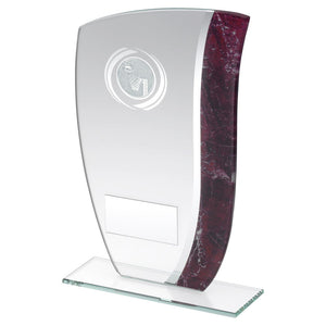 JADE GLASS WITH CLARET/SILVER MARBLE DETAIL AND NETBALL INSERT TROPHY