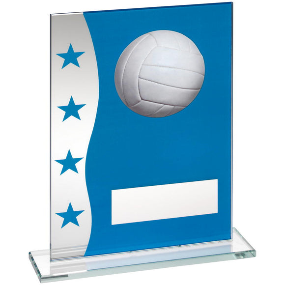 BLUE/SILVER PRINTED GLASS PLAQUE WITH NETBALL IMAGE TROPHY