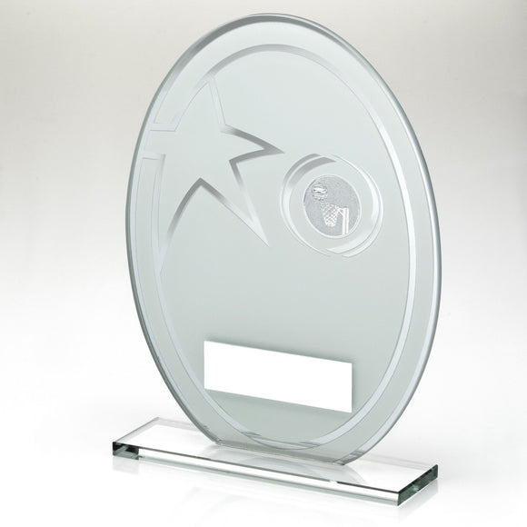 WHITE/SILVER PRINTED GLASS OVAL WITH NETBALL INSERT AND PLATE