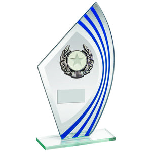 JADE/BLUE/SILVER SAIL GLASS WITH SILV/BLK WREATH TRIM TROPHY