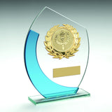 JADE/BLUE OVAL GLASS WITH GOLD WREATH TRIM TROPHY