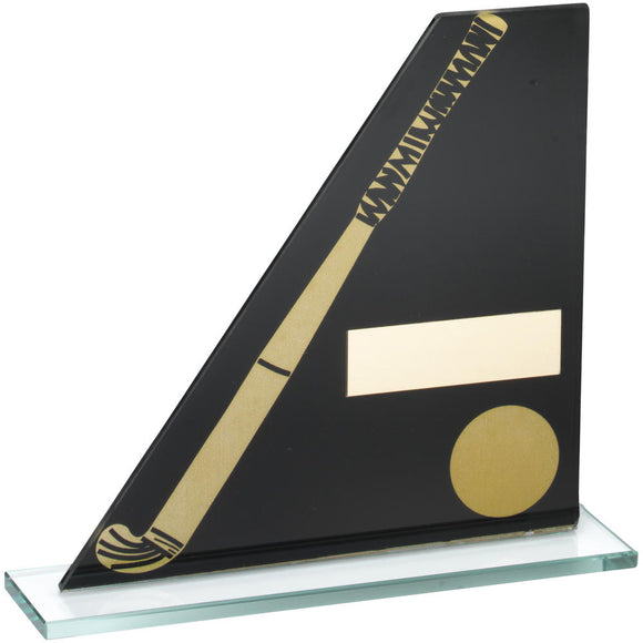 BLACK/GOLD PRINTED GLASS PLAQUE WITH HOCKEY STICK/BALL TROPHY