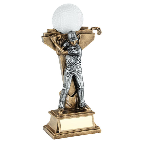 BRZ/PEW MALE GOLF FIGURE WITH BALL ON BACKDROP TROPHY