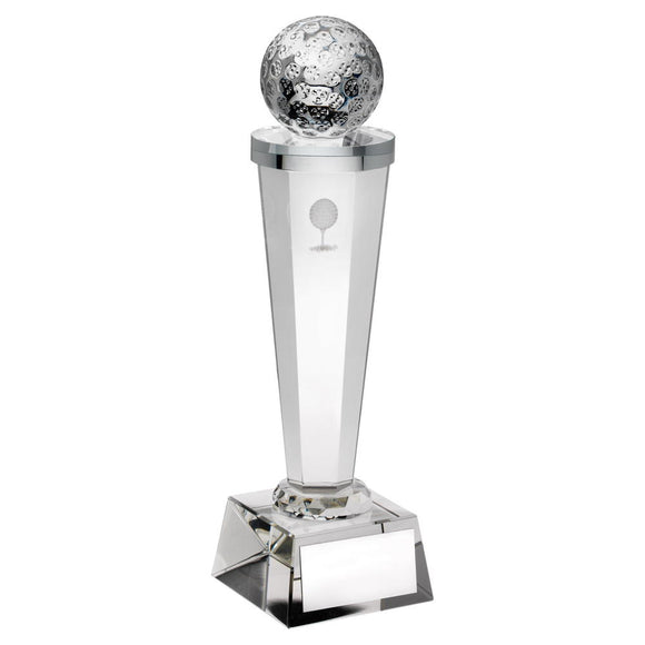 CLEAR GLASS COLUMN WITH LASERED GOLF IMAGE TROPHY