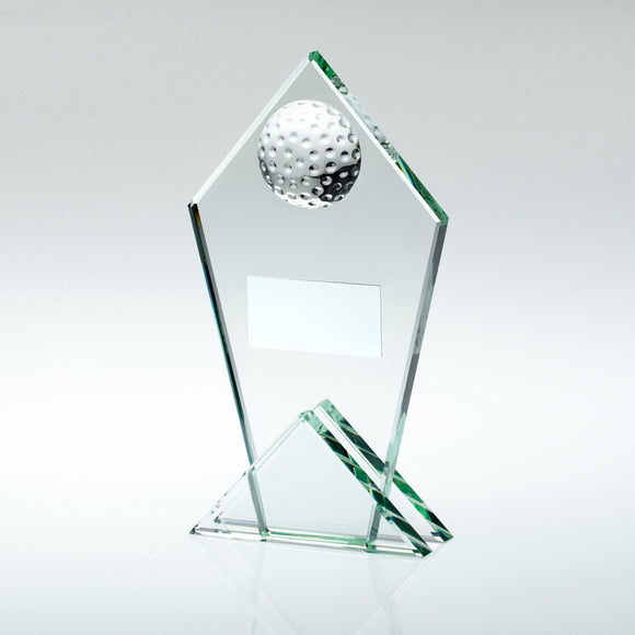 JADE GLASS POINTED PLAQUE WITH HALF GOLF BALL AND PLATE