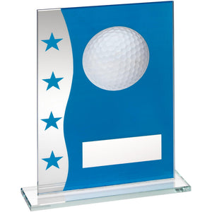 BLUE/SILVER PRINTED GLASS PLAQUE WITH GOLF BALL IMAGE TROPHY