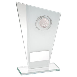 WHITE/SILVER PRINTED GLASS PLAQUE WITH GOLF INSERT TROPHY