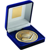 BLUE VELVET BOX AND 70mm MEDALLION GOLF TROPHY