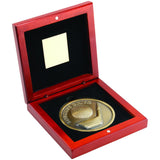 ROSEWOOD BOX AND 70mm MEDALLION GOLF TROPHY