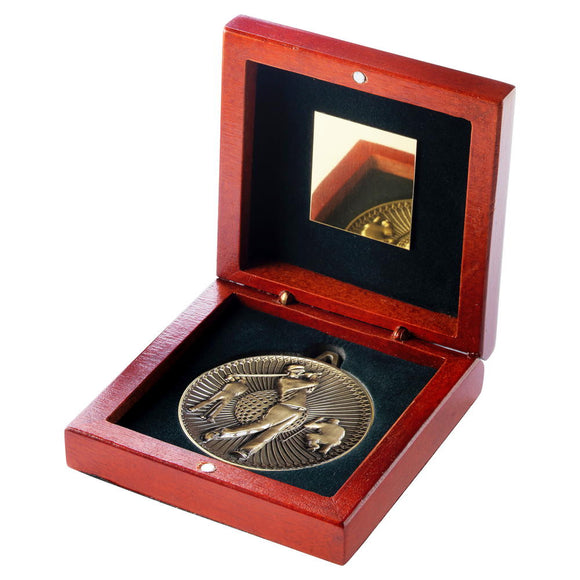ROSEWOOD BOX AND 60mm MEDAL GOLF TROPHY