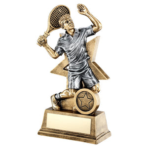 BRZ/GOLD/PEW MALE TENNIS FIGURE WITH STAR BACKING TROPHY (1in CENTRE)