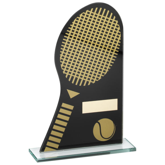 BLACK/GOLD PRINTED GLASS PLAQUE WITH TENNIS RACKET/BALL TROPHY