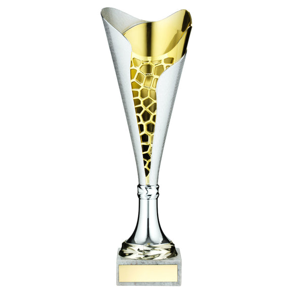 SILVER/GOLD PLASTIC STIPPLED TROPHY CUP WITH PLATE