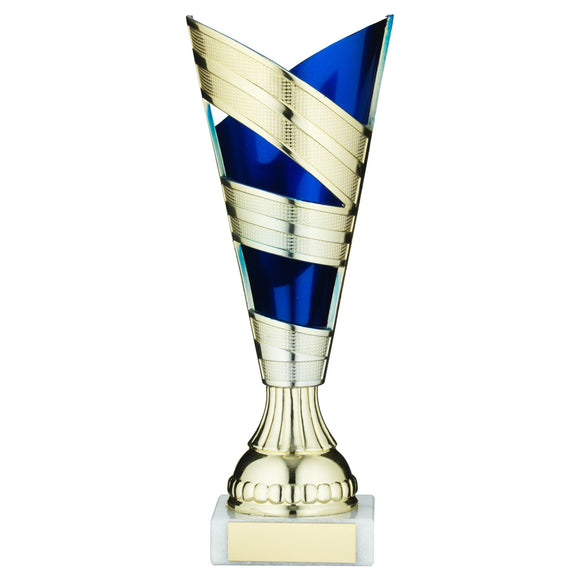 GOLD/BLUE PLASTIC V STEM TROPHY CUP WITH PLATE